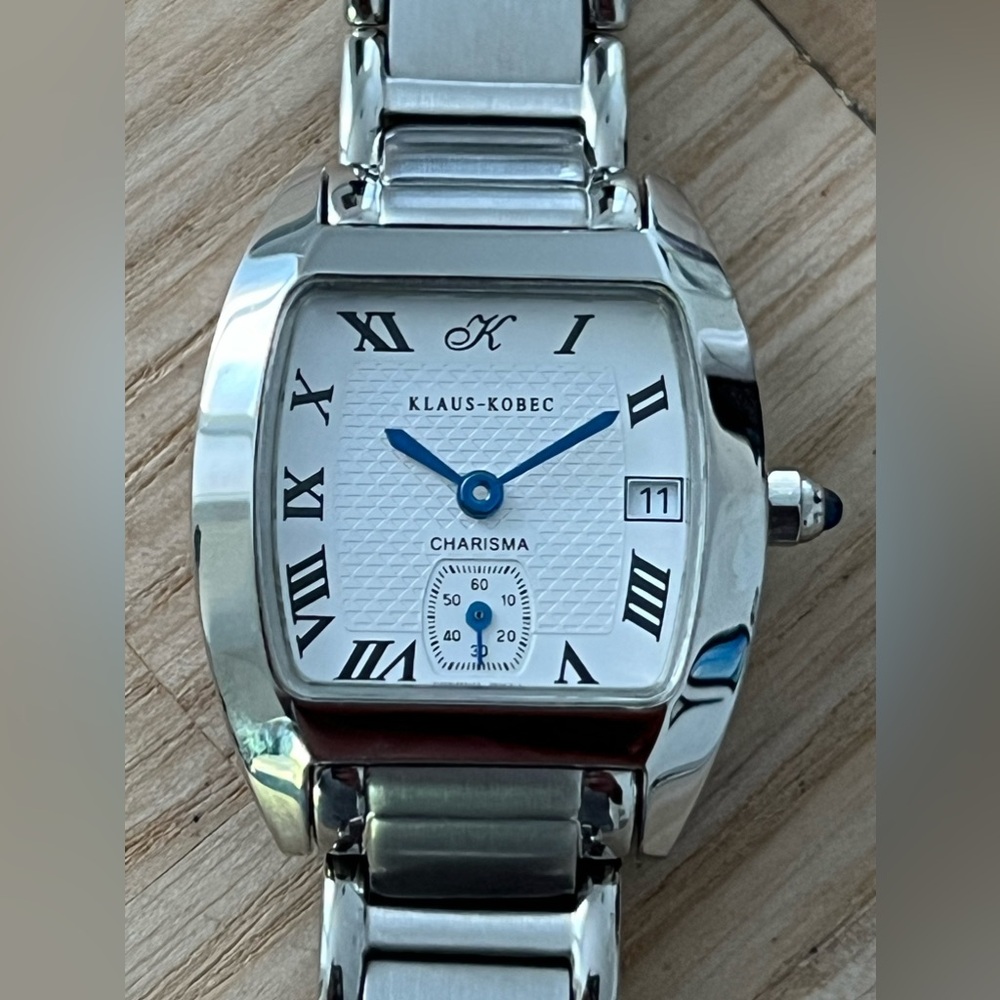 Klaus-Kobec Charisma Luxury Watch Silver Dial Blue Hands Stainless Bracelet